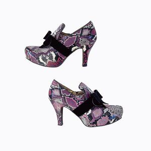Lola Ramona Leather Snakeskin Pump Sz 10 Velvet Bow Purple Whimsigoth Y2K Pinup